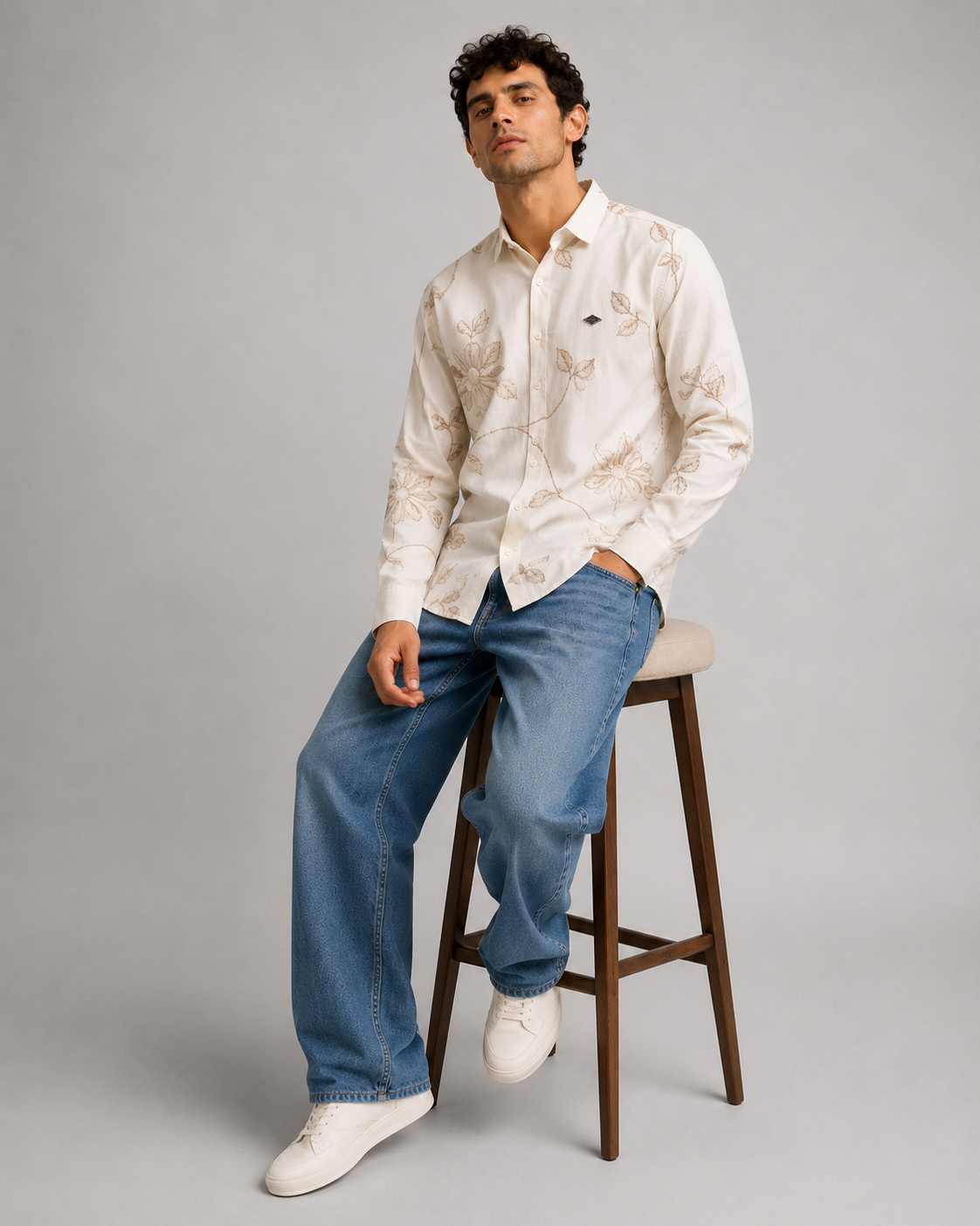 Ivory Floral Embroidered Cotton Shirt