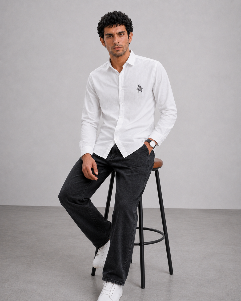 White Polo Detail Cotton Shirt