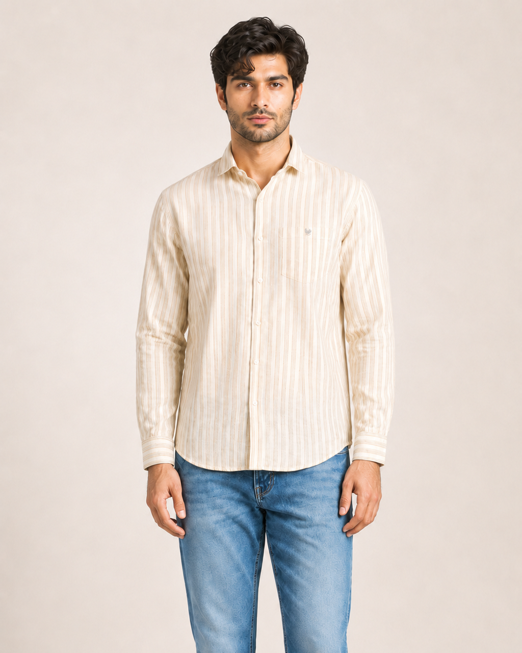 Ivory Beige Stripe Cotton Shirt