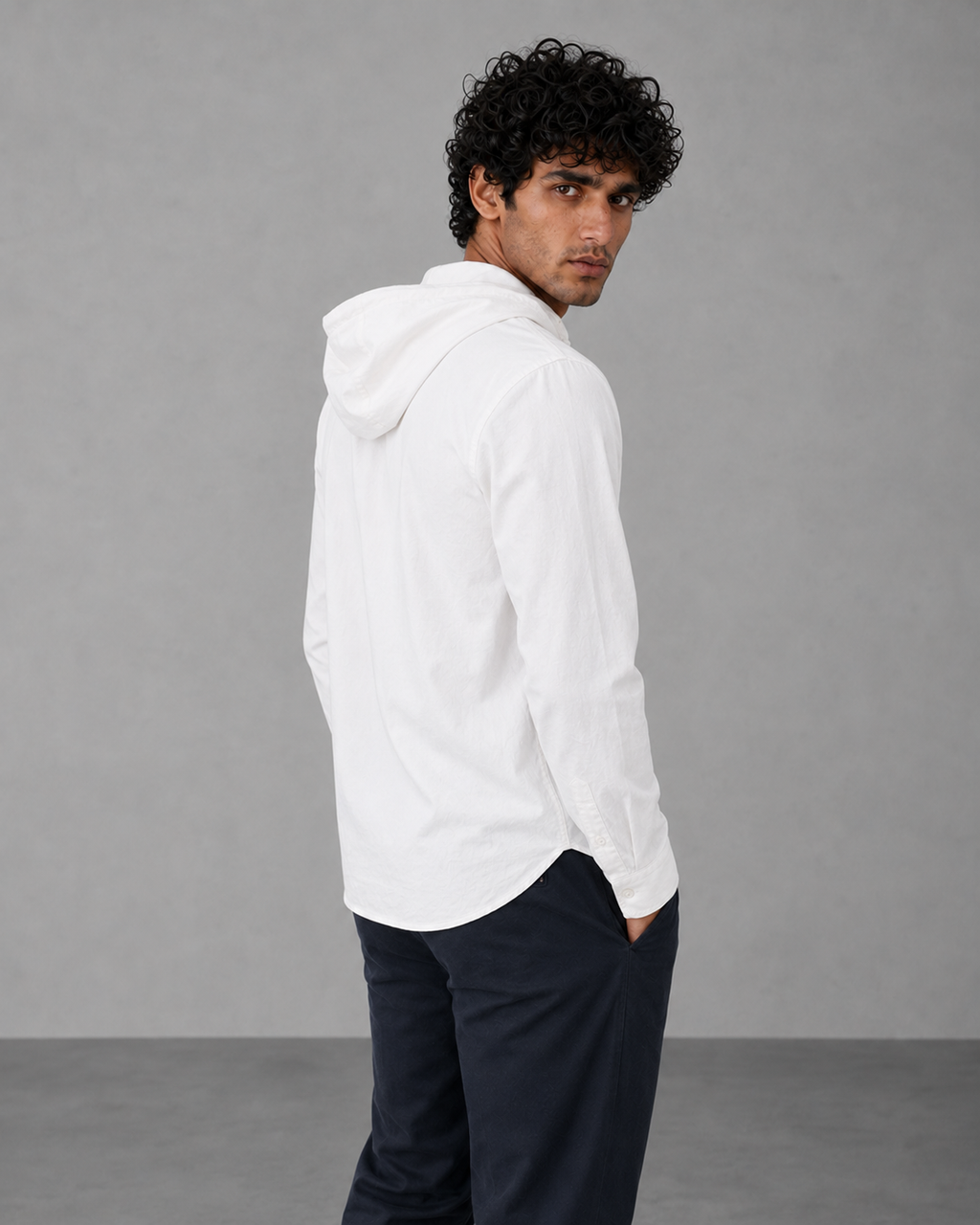 White Cotton Linen Hooded Shirt – Half Sleeve