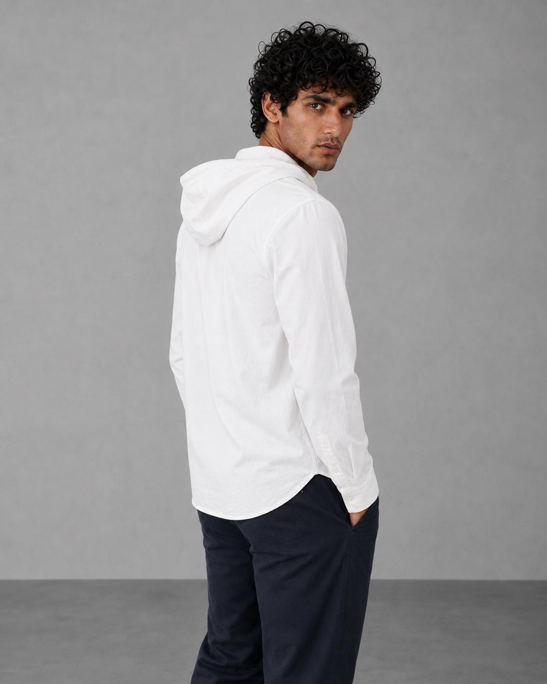 White Cotton Linen Hooded Shirt – Half Sleeve