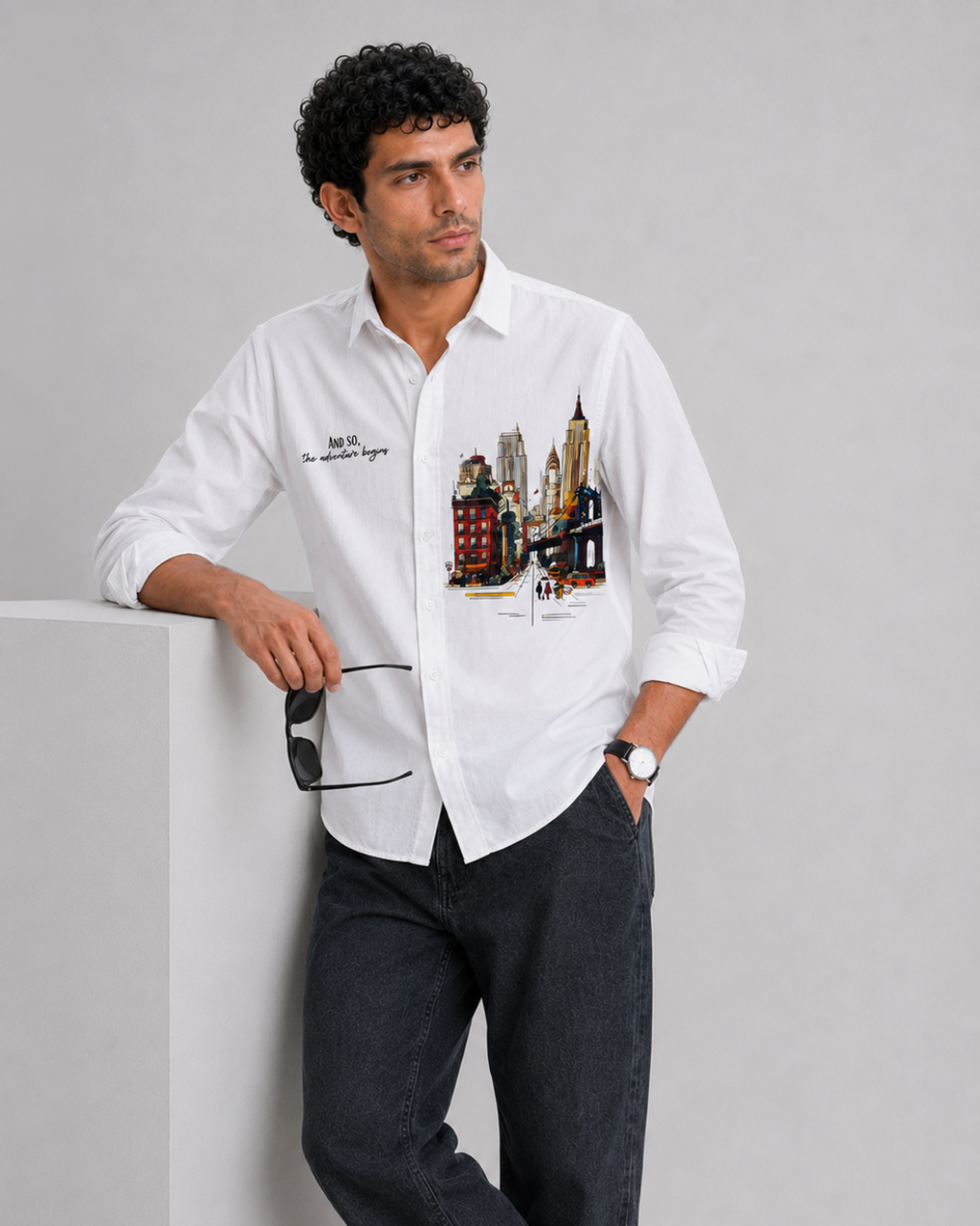Cityscape Travel Print Cotton Shirt
