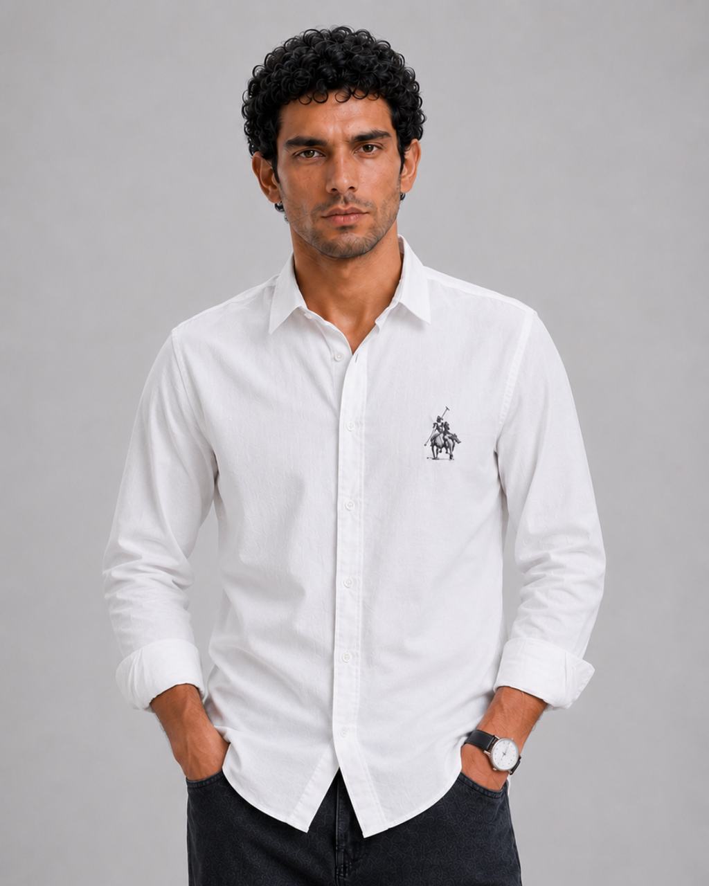 White Polo Detail Cotton Shirt