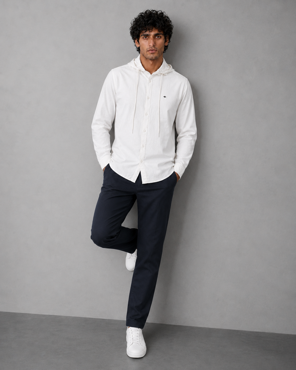 White Cotton Linen Hooded Shirt – Half Sleeve