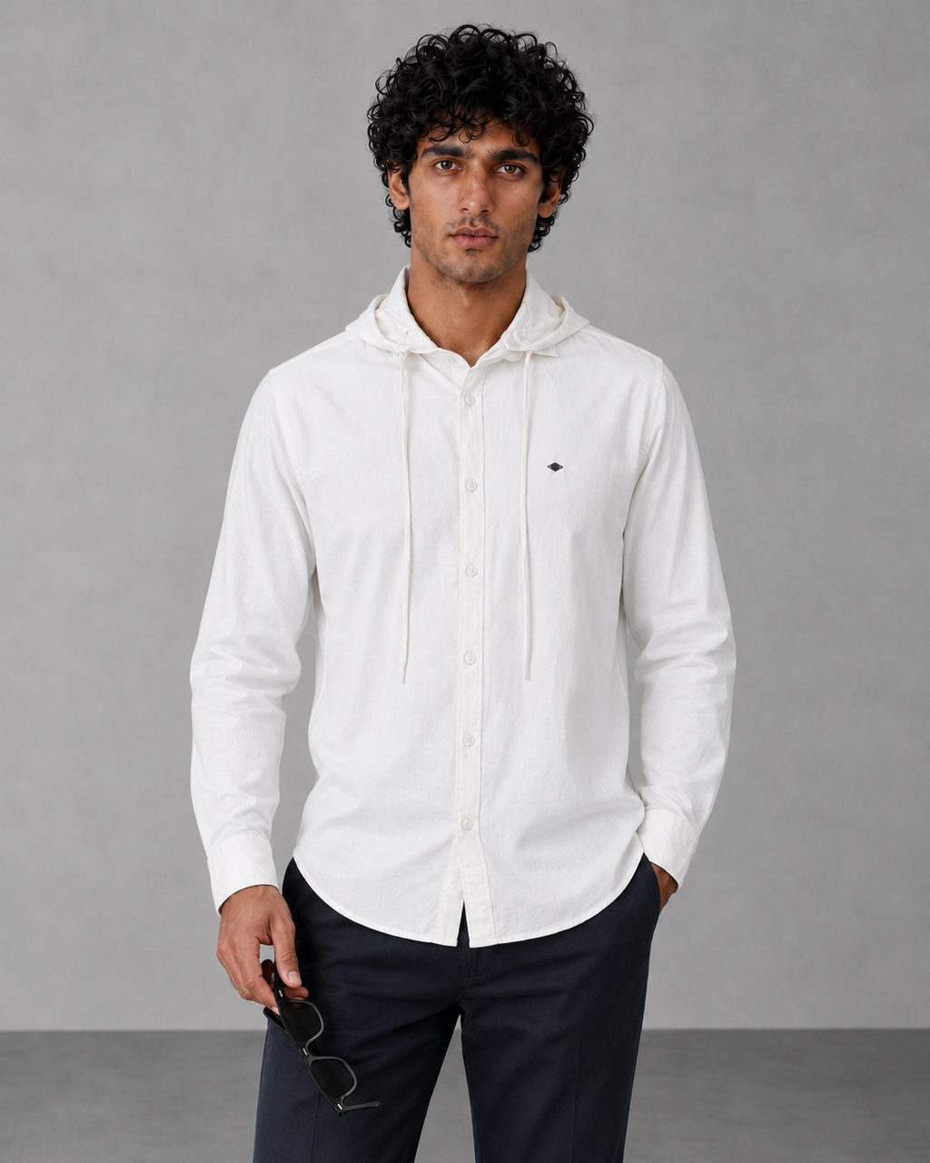 White Cotton Linen Hooded Shirt – Half Sleeve