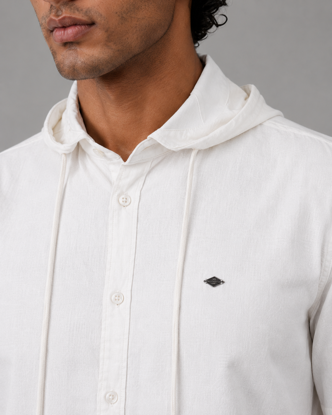 White Cotton Linen Hooded Shirt – Half Sleeve