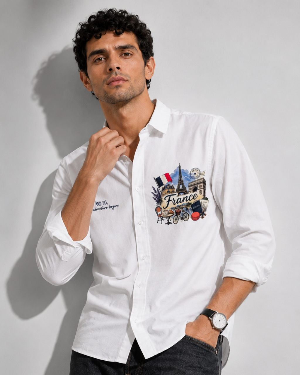 France Travel Print Cotton Shirt