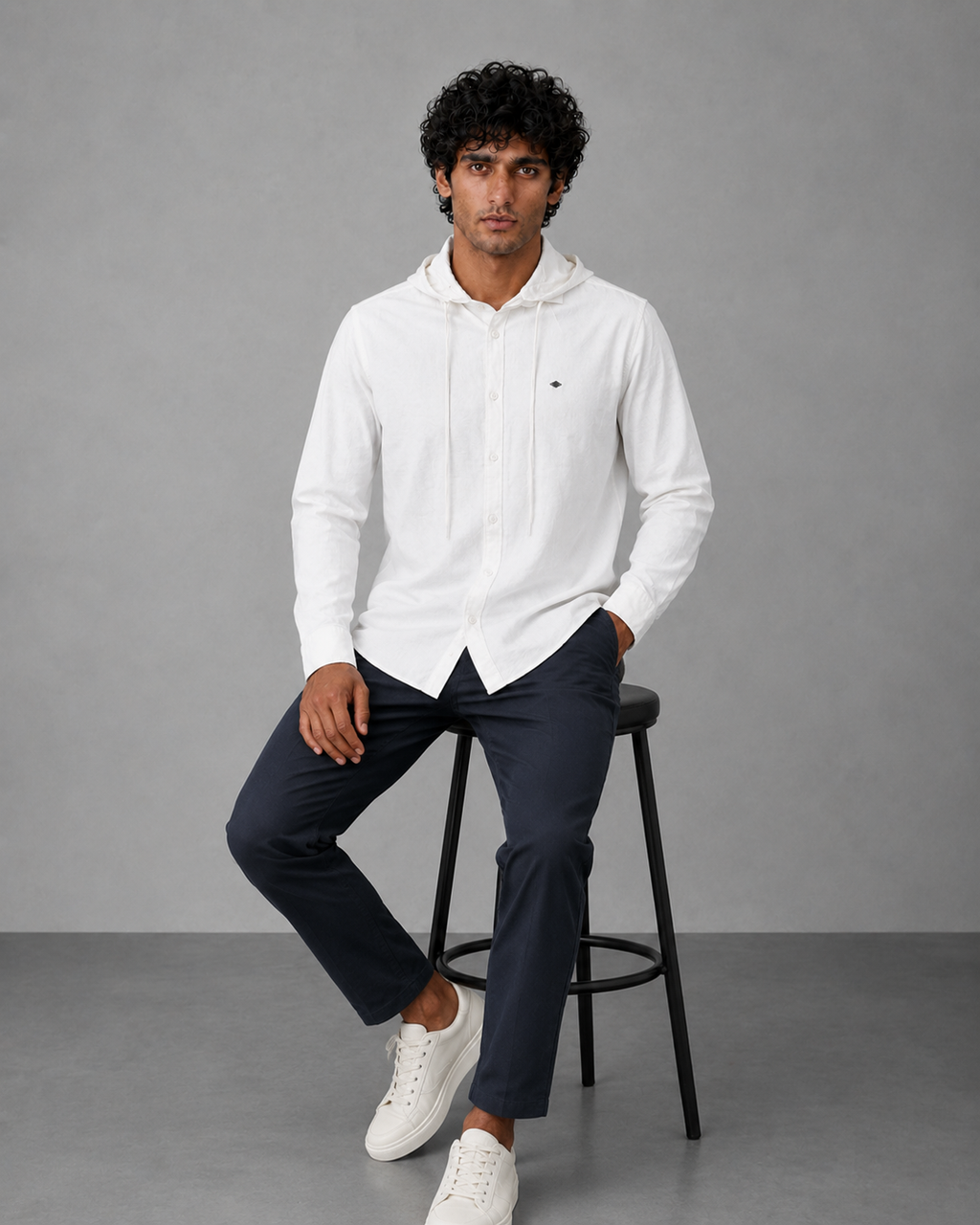 White Cotton Linen Hooded Shirt – Half Sleeve