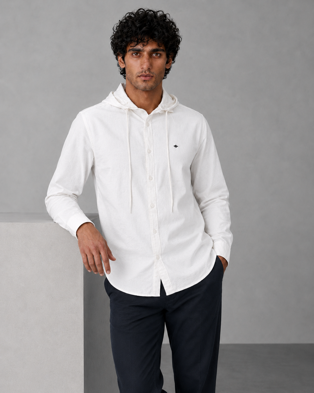 White Cotton Linen Hooded Shirt – Half Sleeve