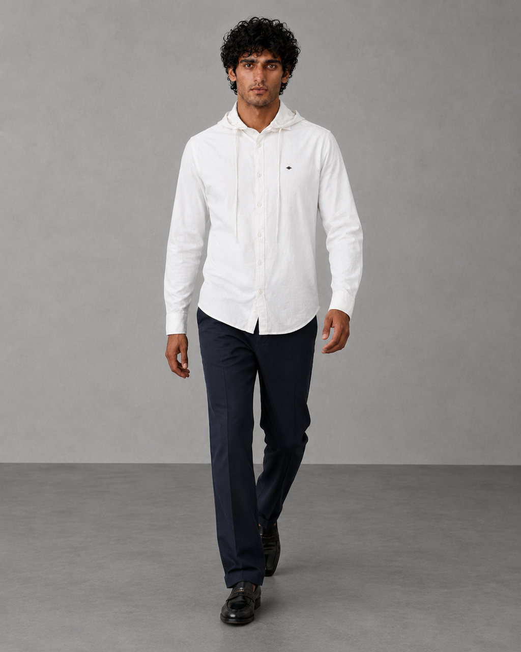 White Cotton Linen Hooded Shirt – Half Sleeve