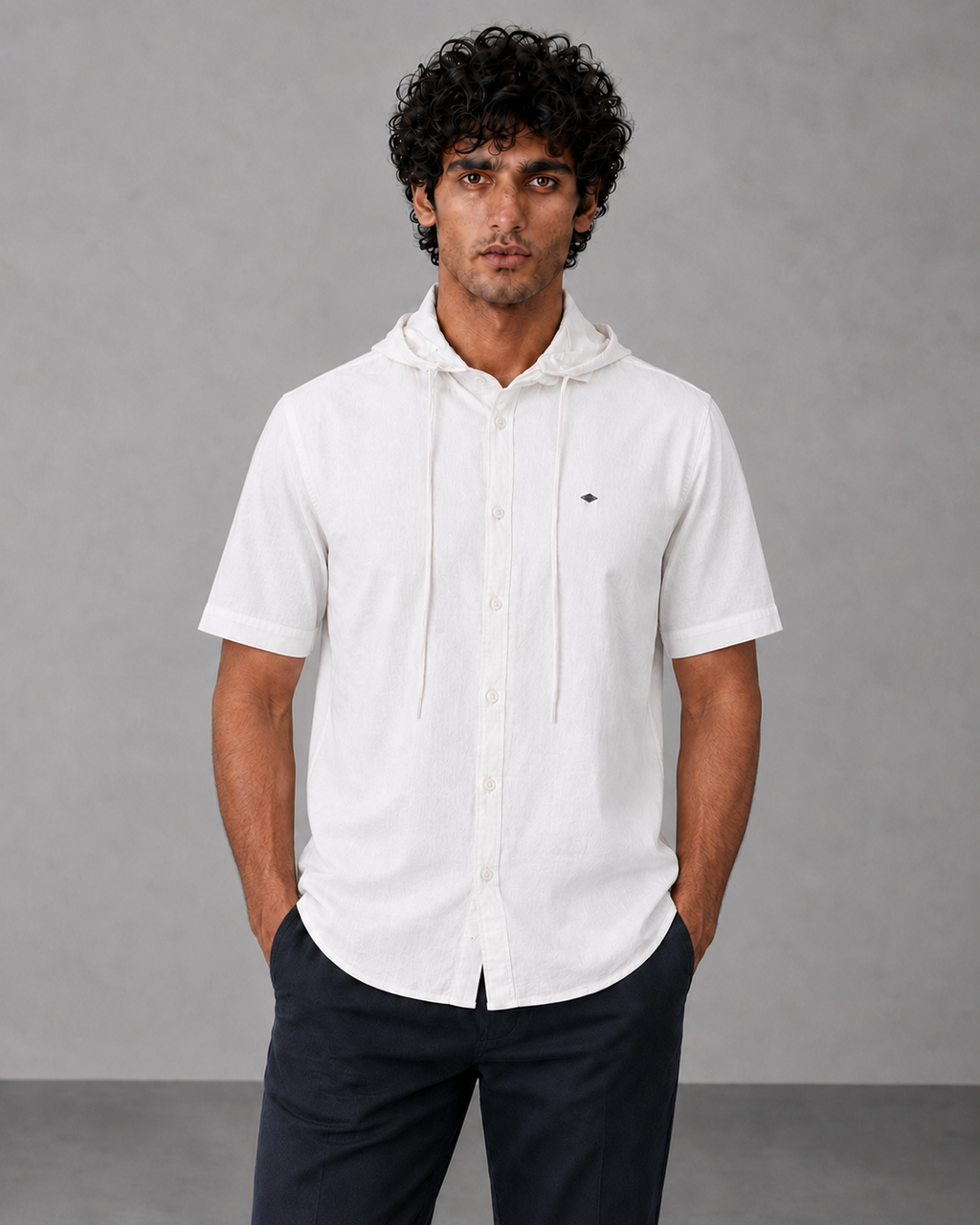 White Cotton Linen Hooded Shirt – Half Sleeve