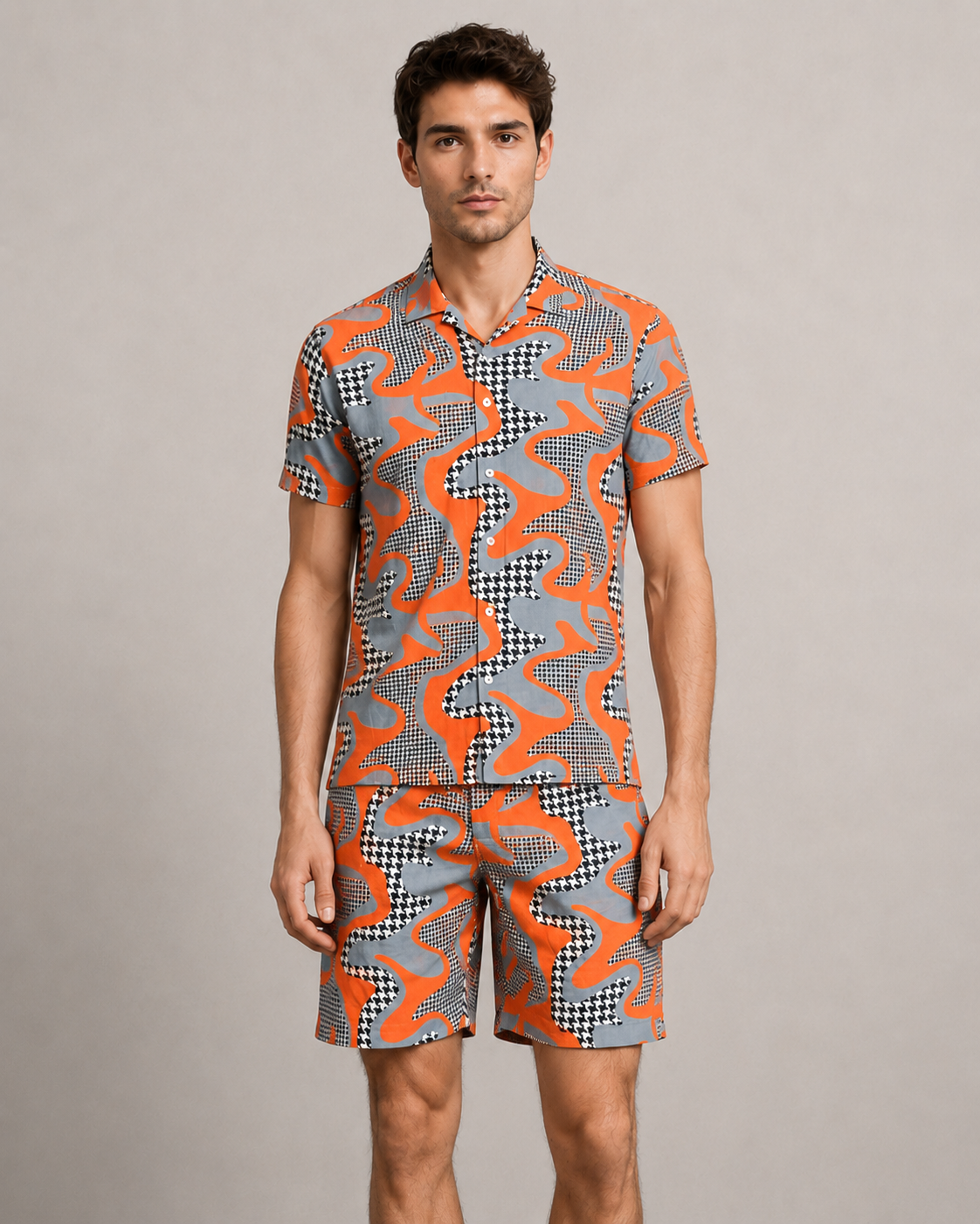 Abstract Orange Printed Cord Set for Men – Modern Summer Co-ord Set