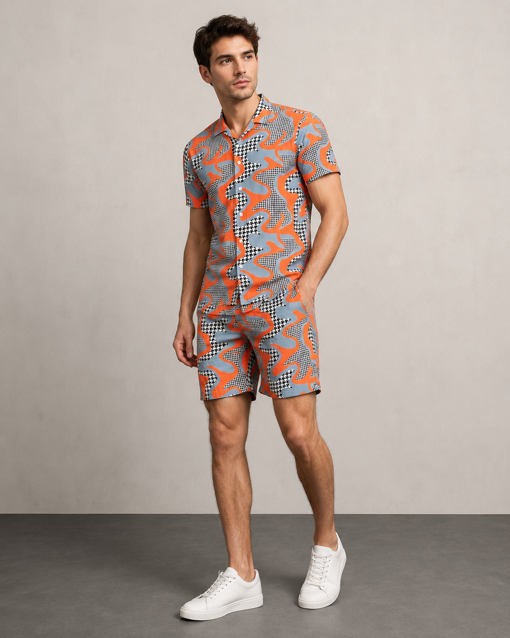 Abstract Orange Printed Cord Set for Men – Modern Summer Co-ord Set