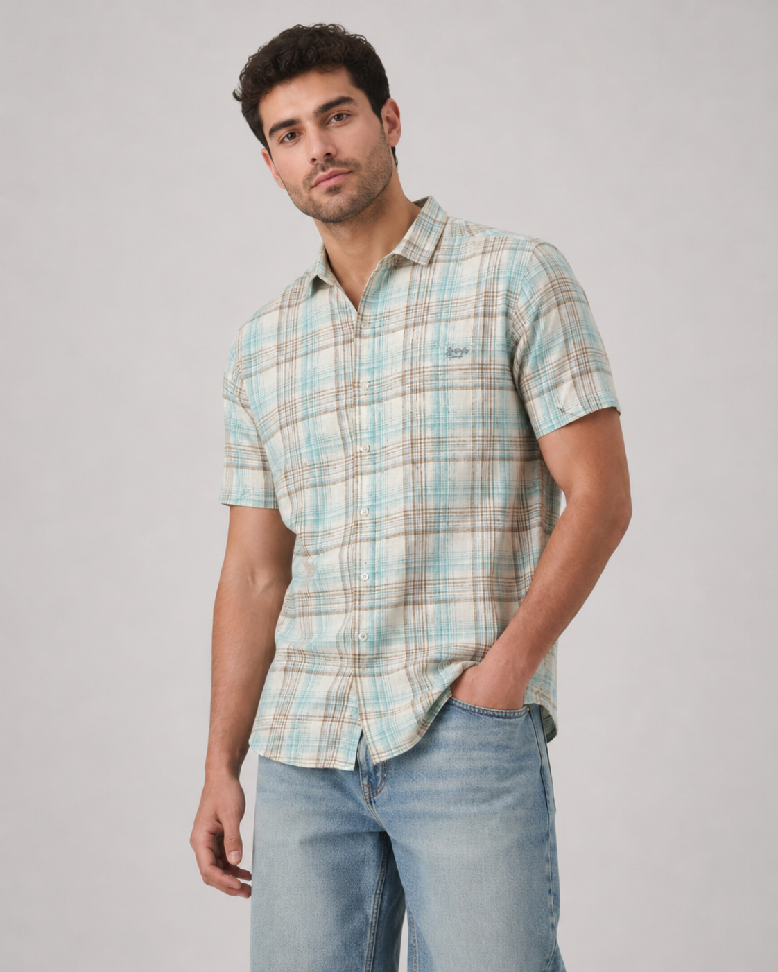 Aqua Sand Check Cotton Shirt