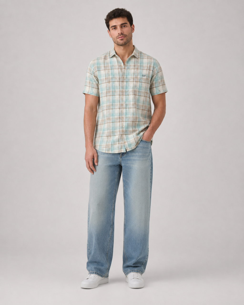Aqua Sand Check Cotton Shirt