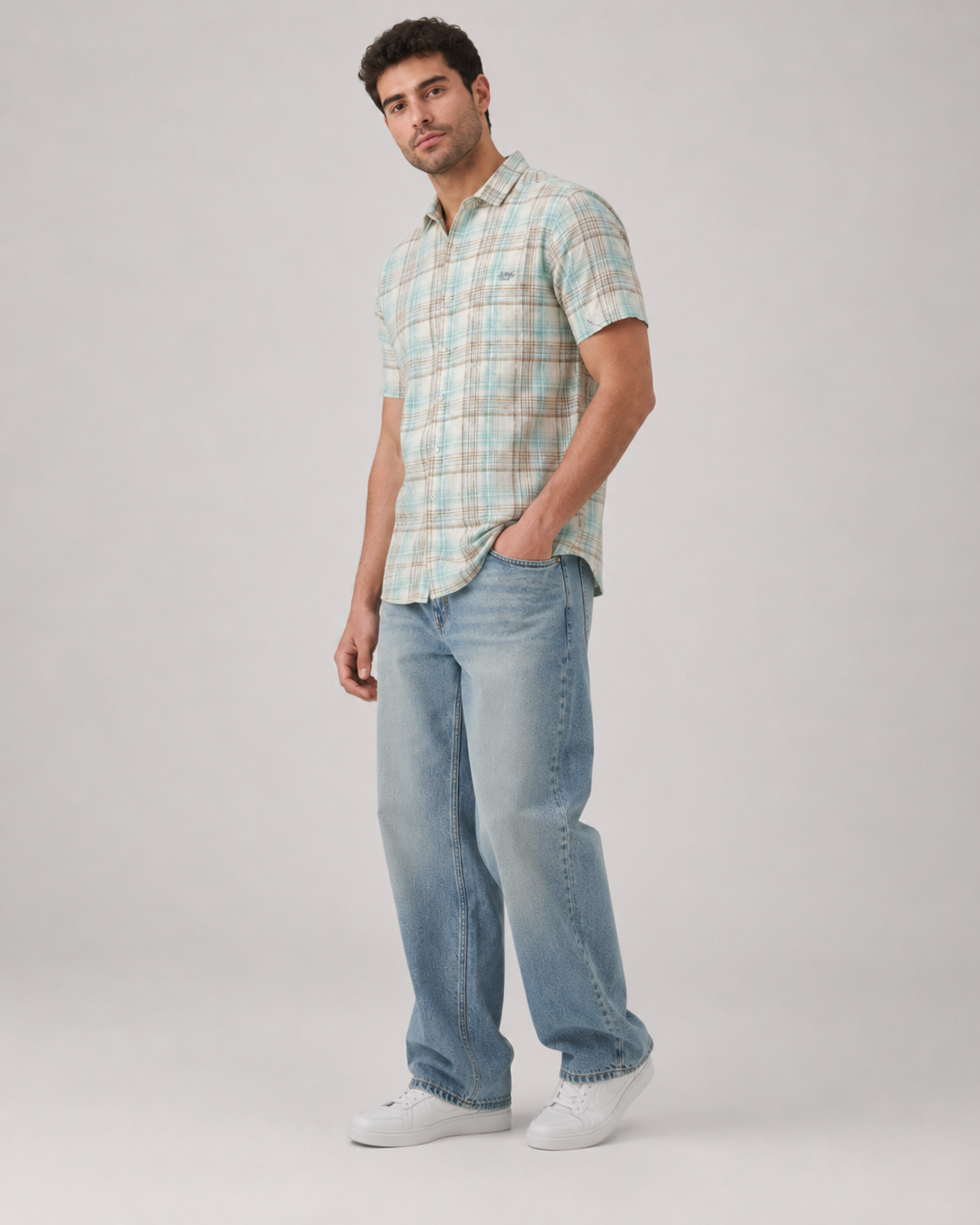 Aqua Sand Check Cotton Shirt