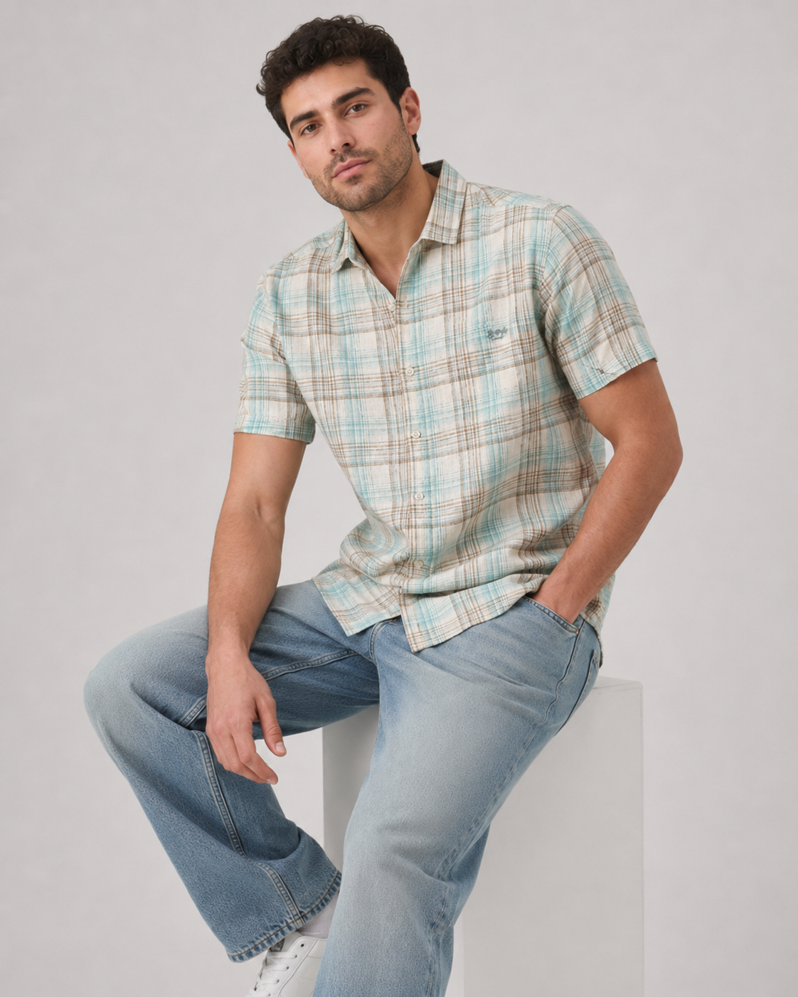 Aqua Sand Check Cotton Shirt