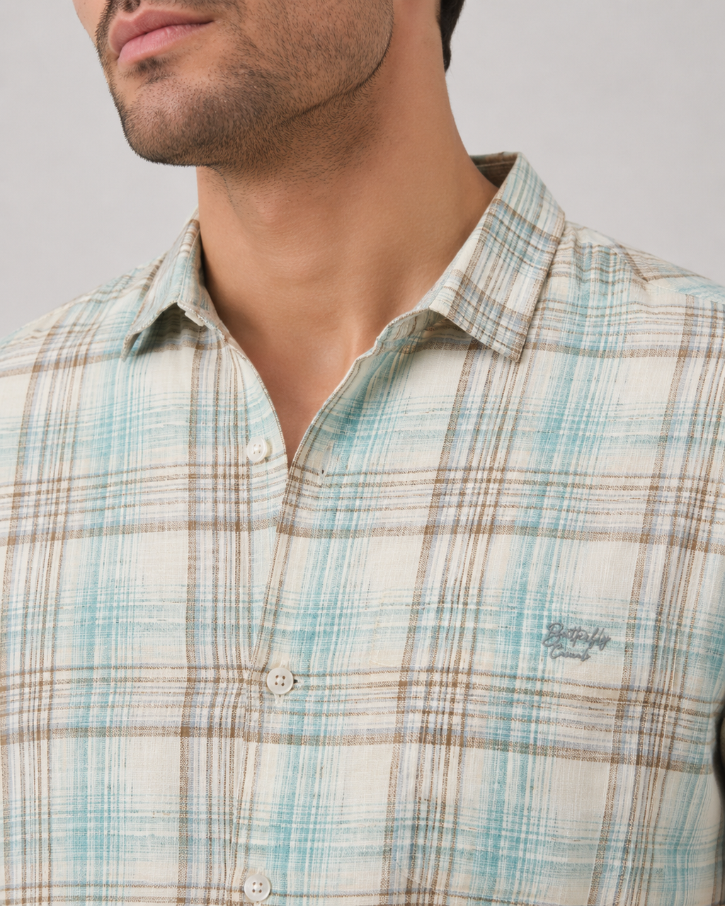 Aqua Sand Check Cotton Shirt