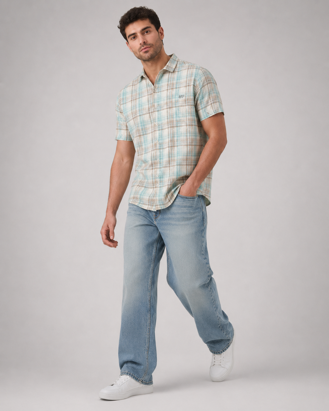 Aqua Sand Check Cotton Shirt