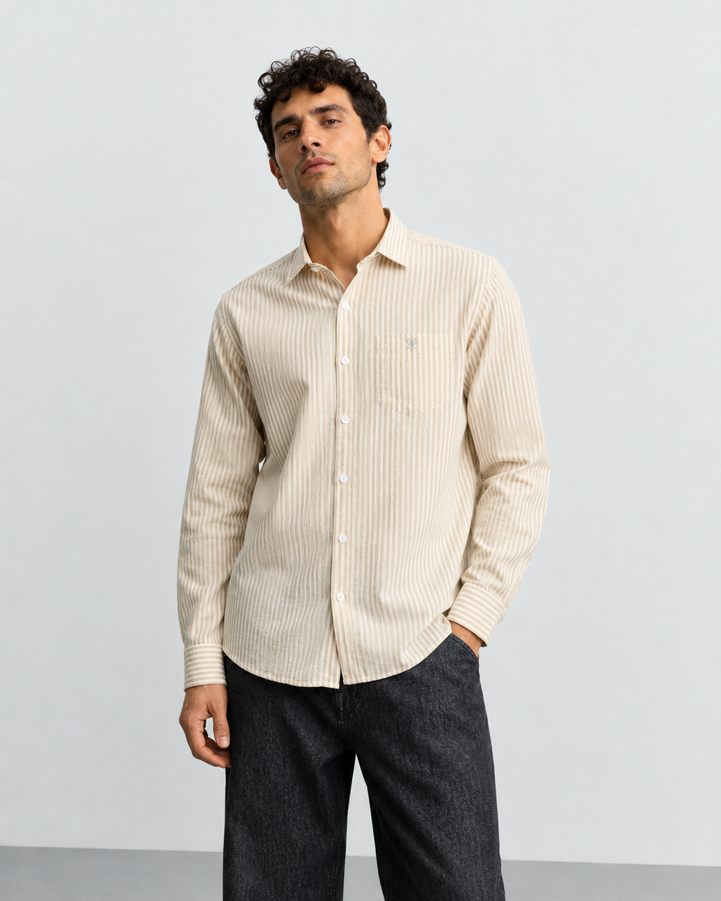 Beige Pinstripe Cotton Shirt