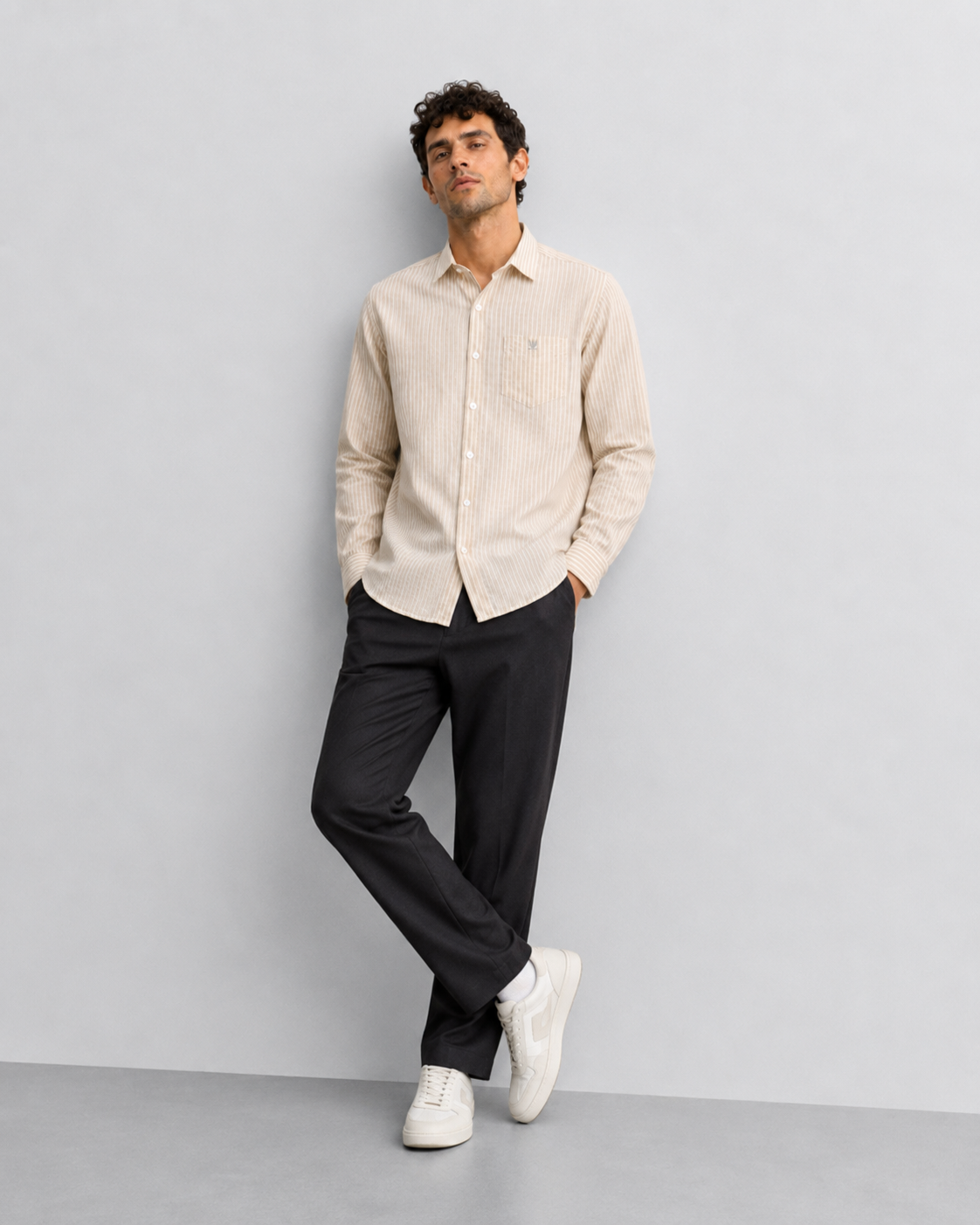 Beige Pinstripe Cotton Shirt
