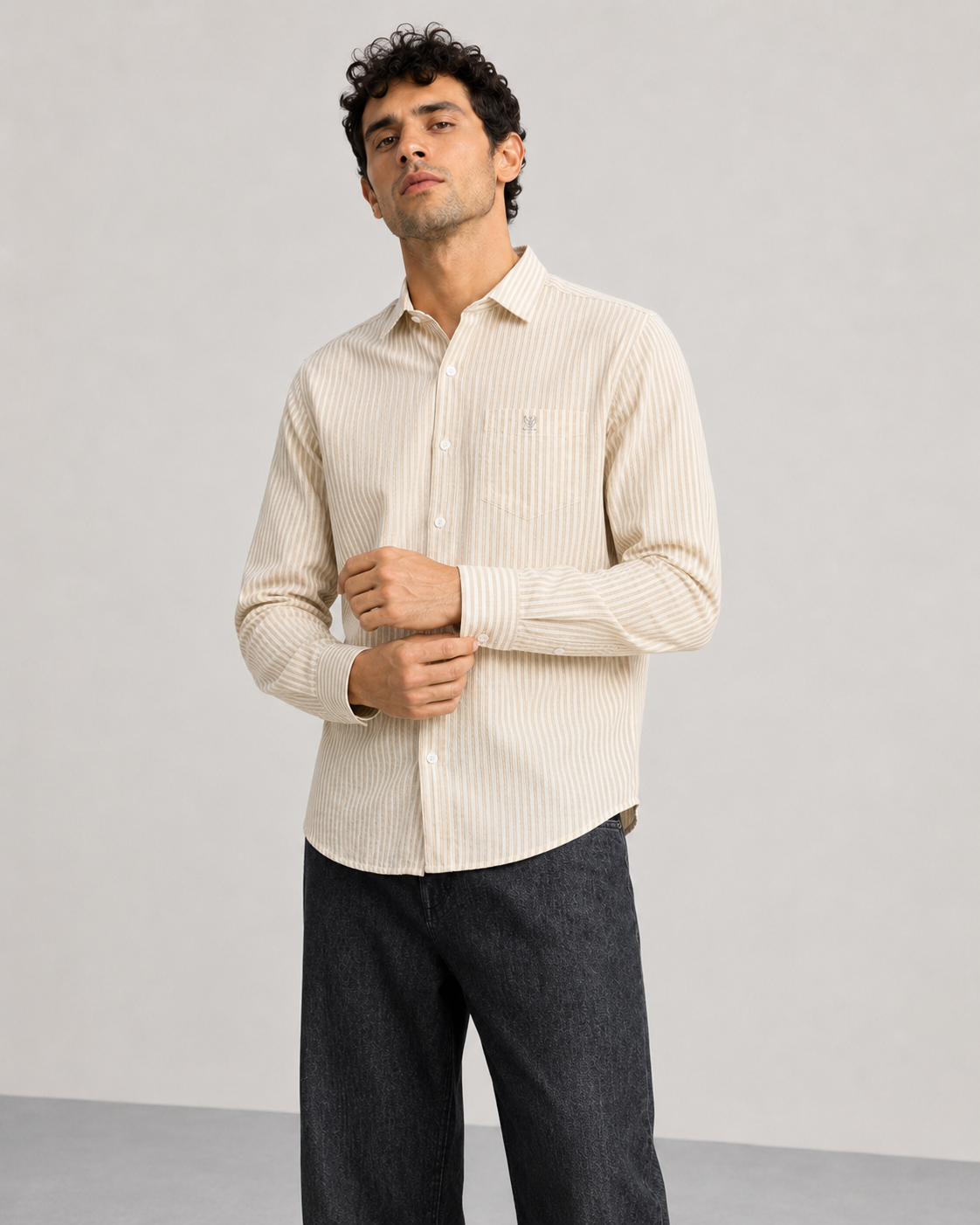 Beige Pinstripe Cotton Shirt