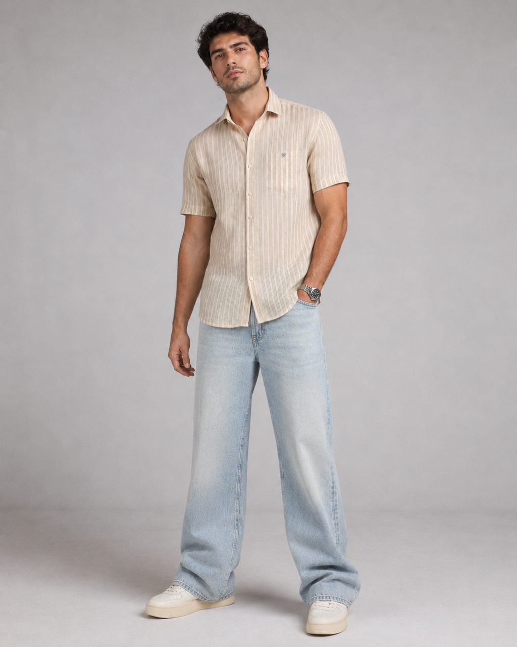 Beige Stripe Cotton Shirt