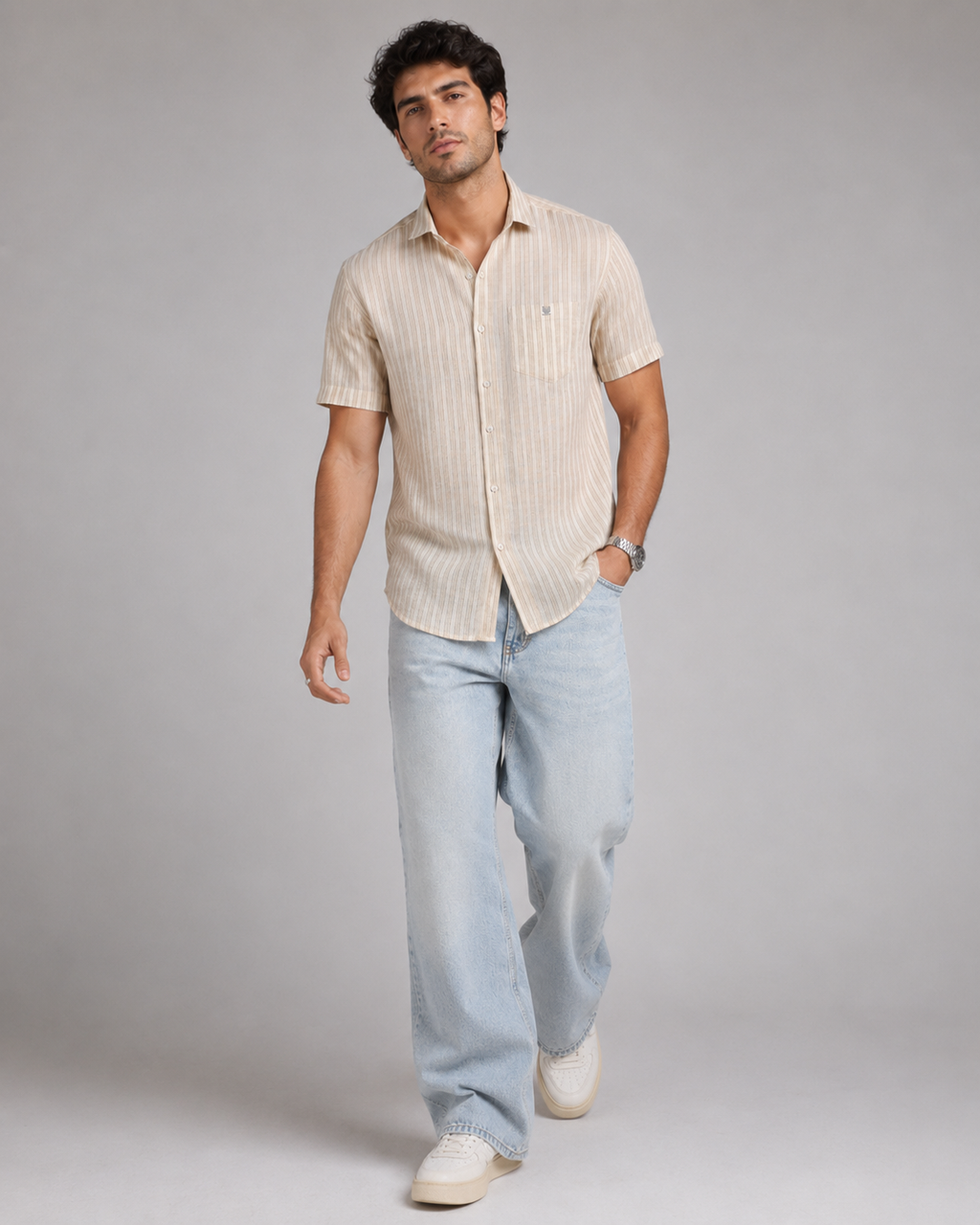 Beige Stripe Cotton Shirt
