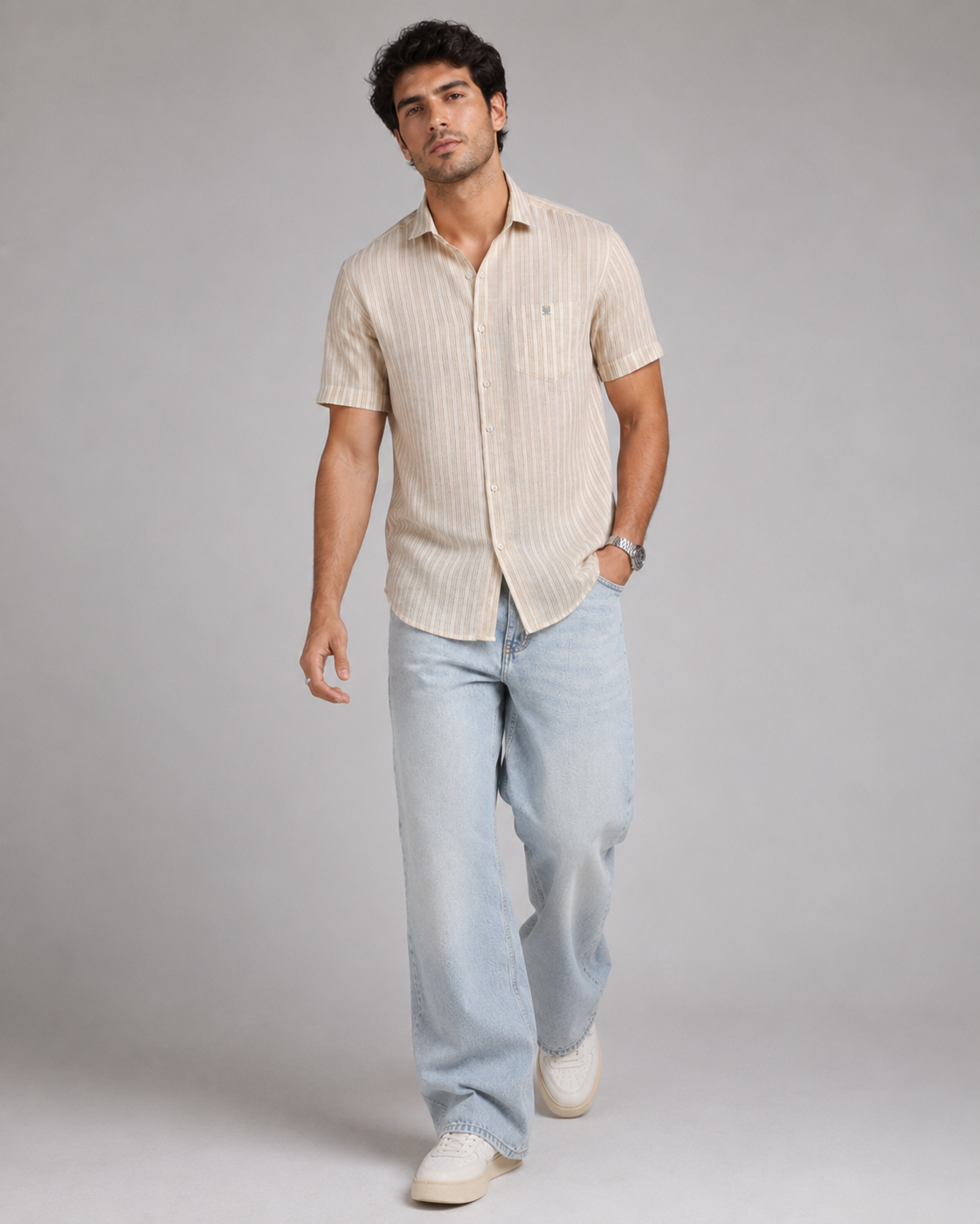 Beige Stripe Cotton Shirt