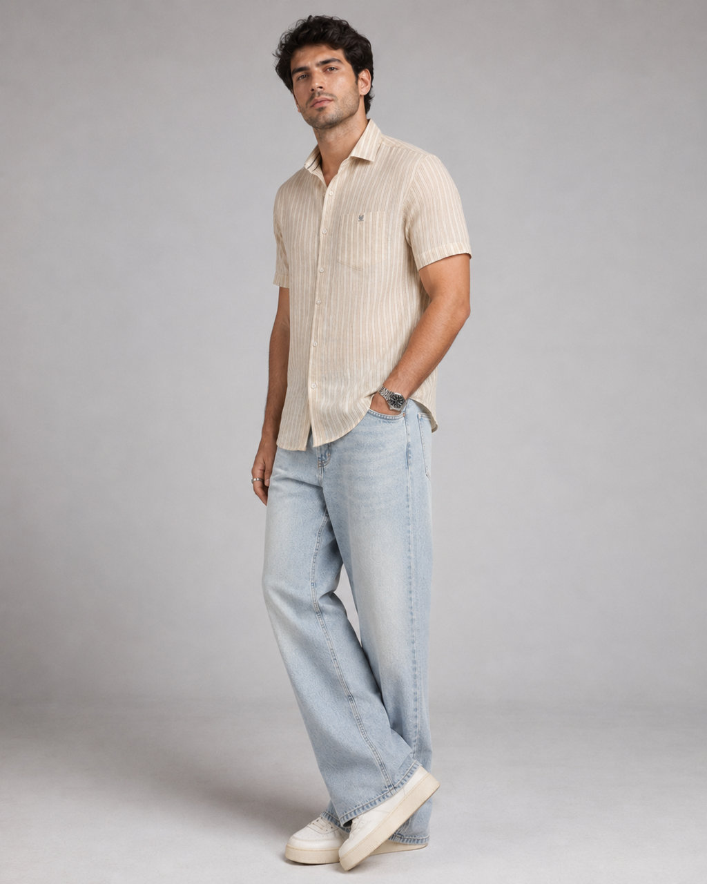Beige Stripe Cotton Shirt