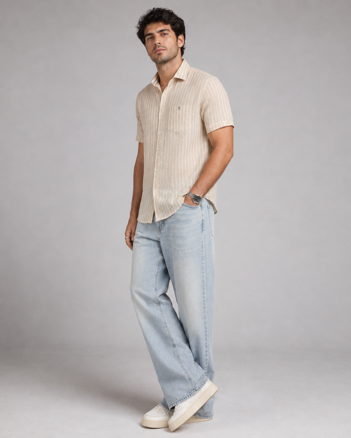 Beige Stripe Cotton Shirt