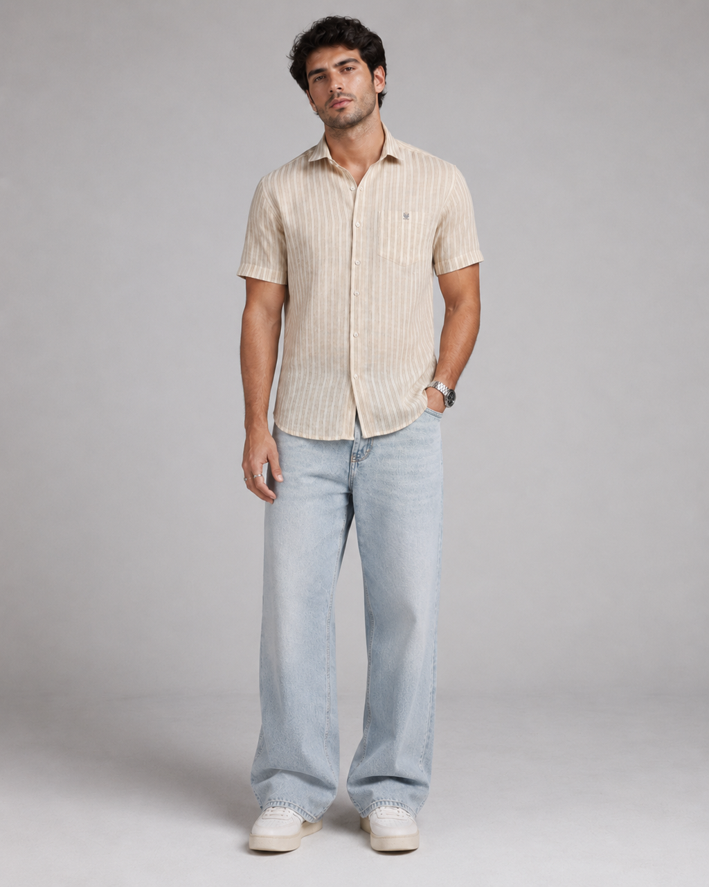 Beige Stripe Cotton Shirt