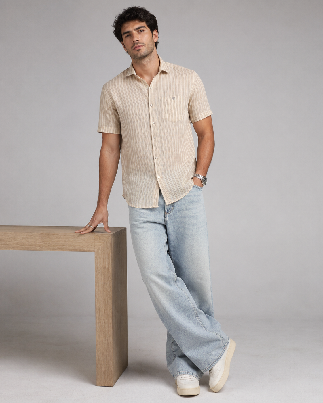 Beige Stripe Cotton Shirt