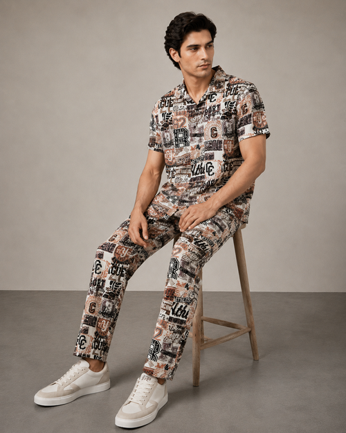 Beige Urban Graphic Cotton PJ Cord Set | Premium Printed Shirt & Pyjama Co-ord | Luxury Loungewear & Resort Set