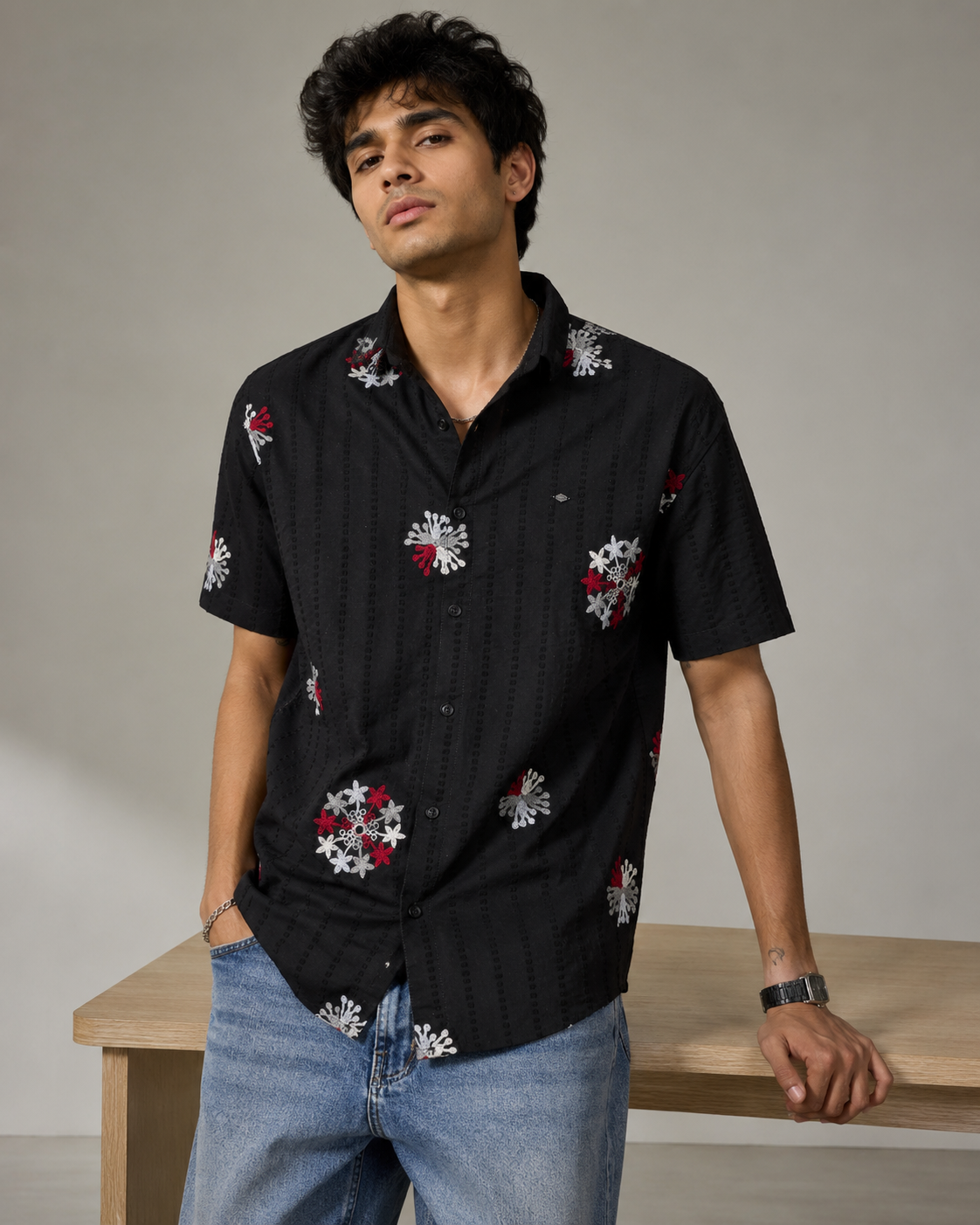 Black Embroidered Floral Cotton Shirt