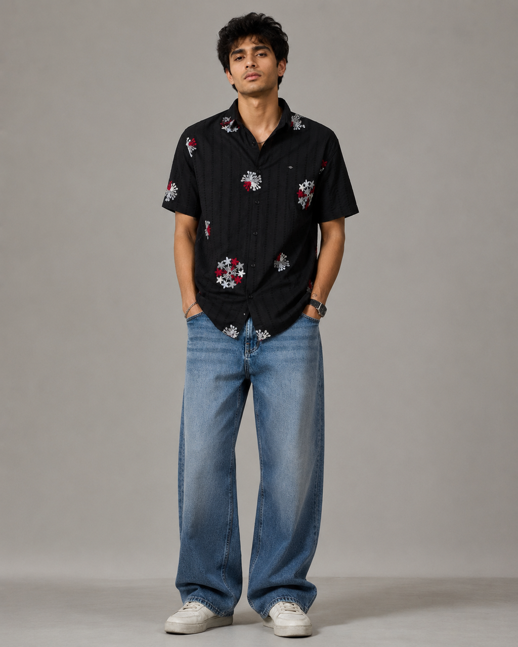 Black Embroidered Floral Cotton Shirt