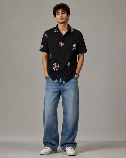 Black Embroidered Floral Cotton Shirt