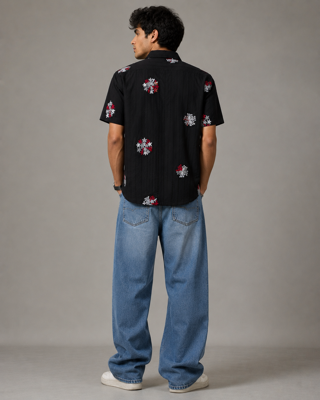 Black Embroidered Floral Cotton Shirt