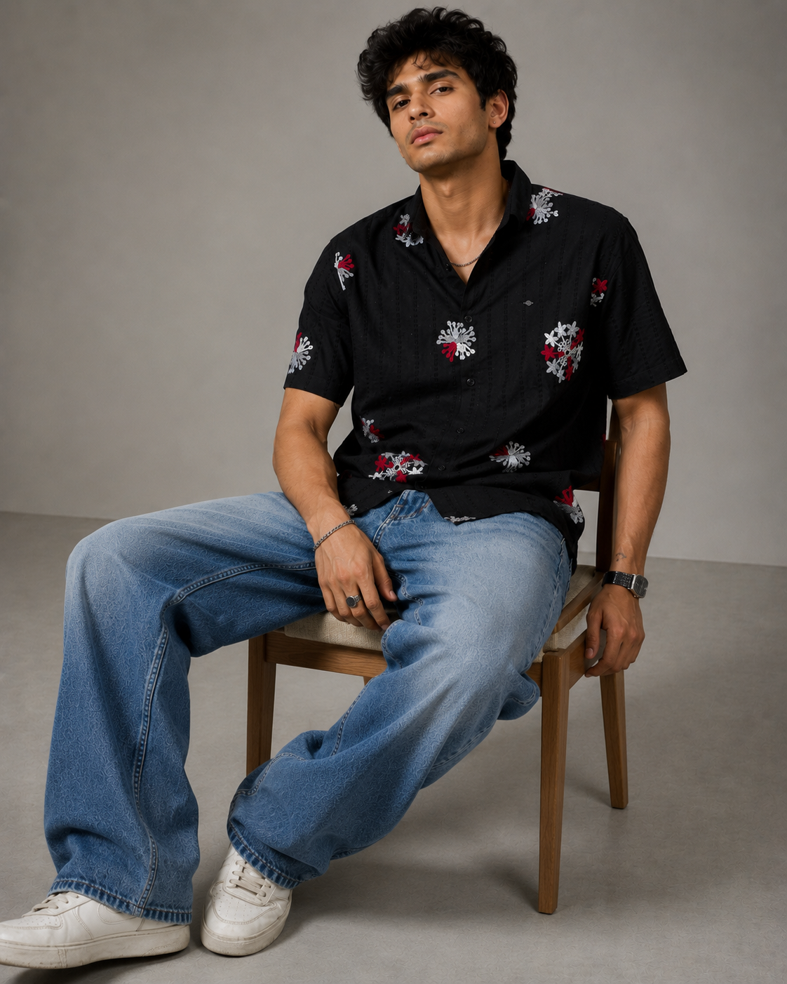 Black Embroidered Floral Cotton Shirt