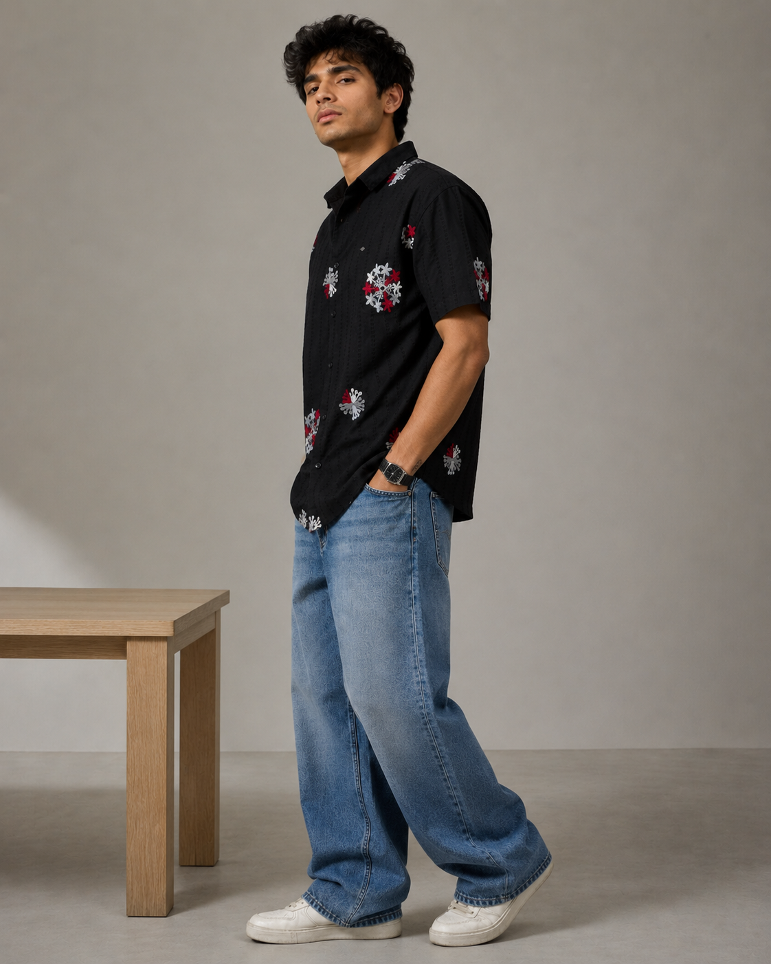 Black Embroidered Floral Cotton Shirt