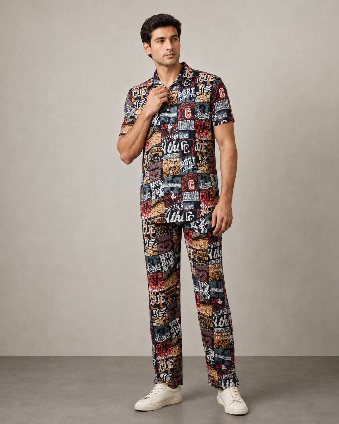 Black Urban Graphic Cotton PJ Cord Set | Premium Printed Shirt & Pyjama Co-ord | Luxury Loungewear & Resort Set