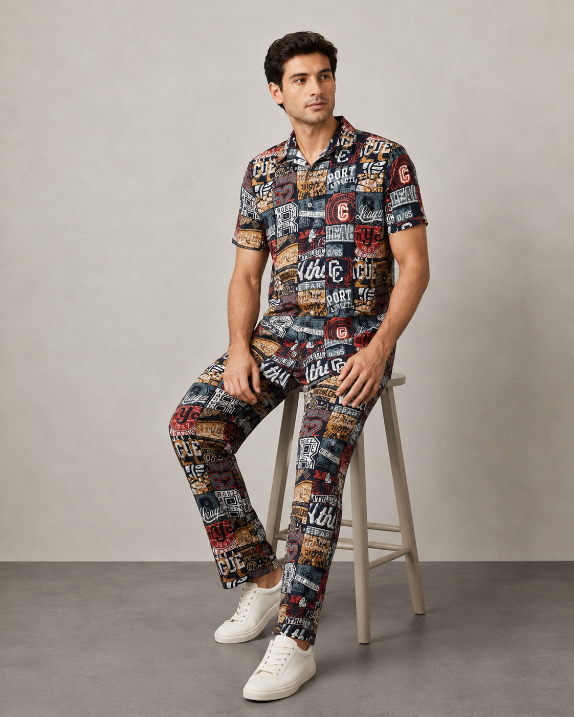 Black Urban Graphic Cotton PJ Cord Set | Premium Printed Shirt & Pyjama Co-ord | Luxury Loungewear & Resort Set