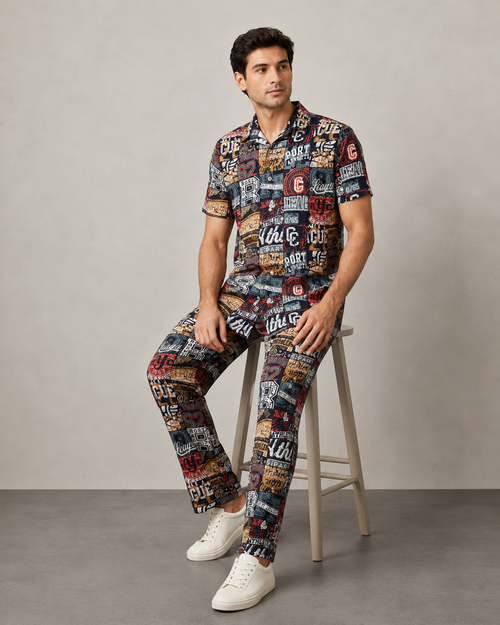 Black Urban Graphic Cotton PJ Cord Set | Premium Printed Shirt & Pyjama Co-ord | Luxury Loungewear & Resort Set