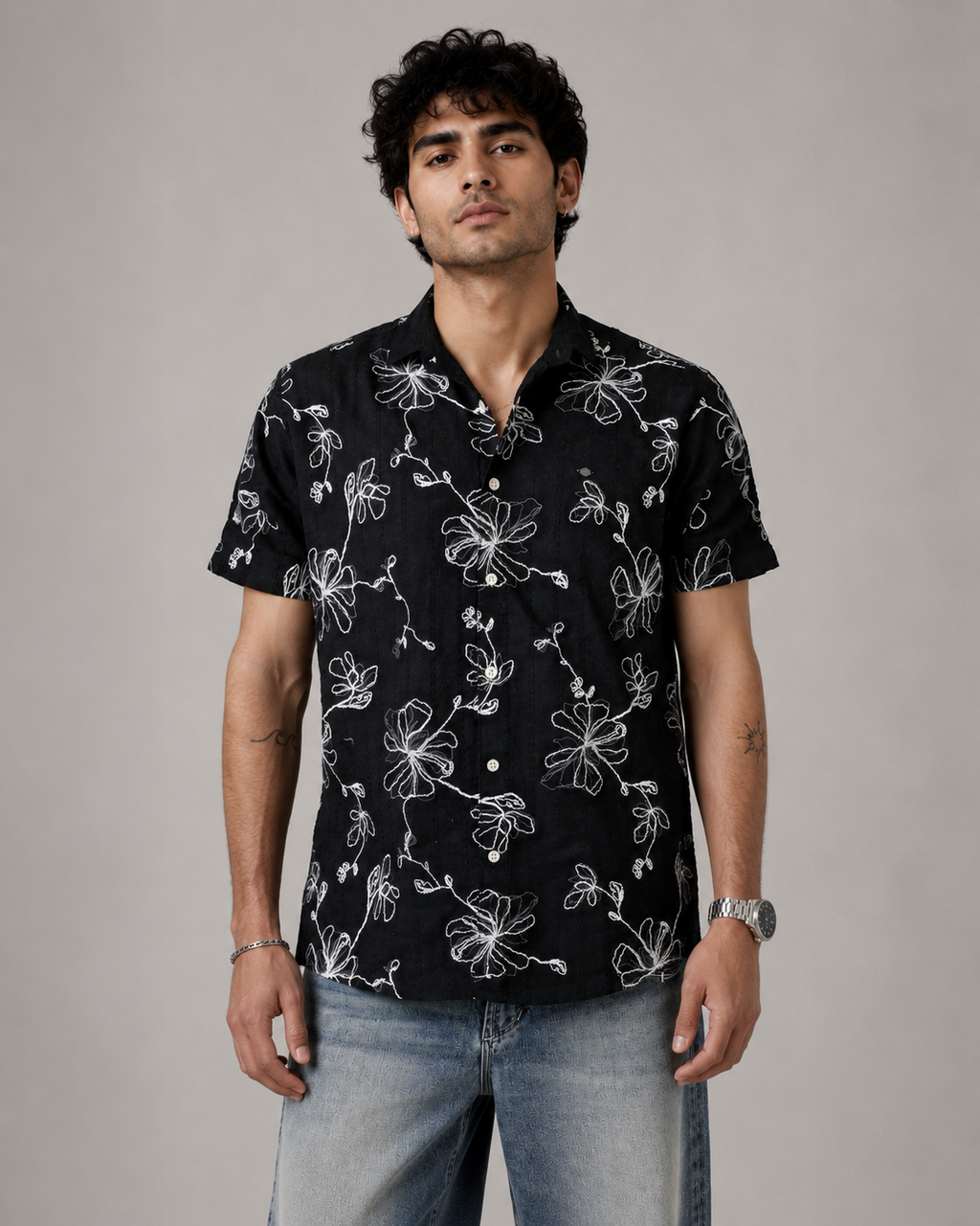 Black Vine Embroidered Cotton Shirt