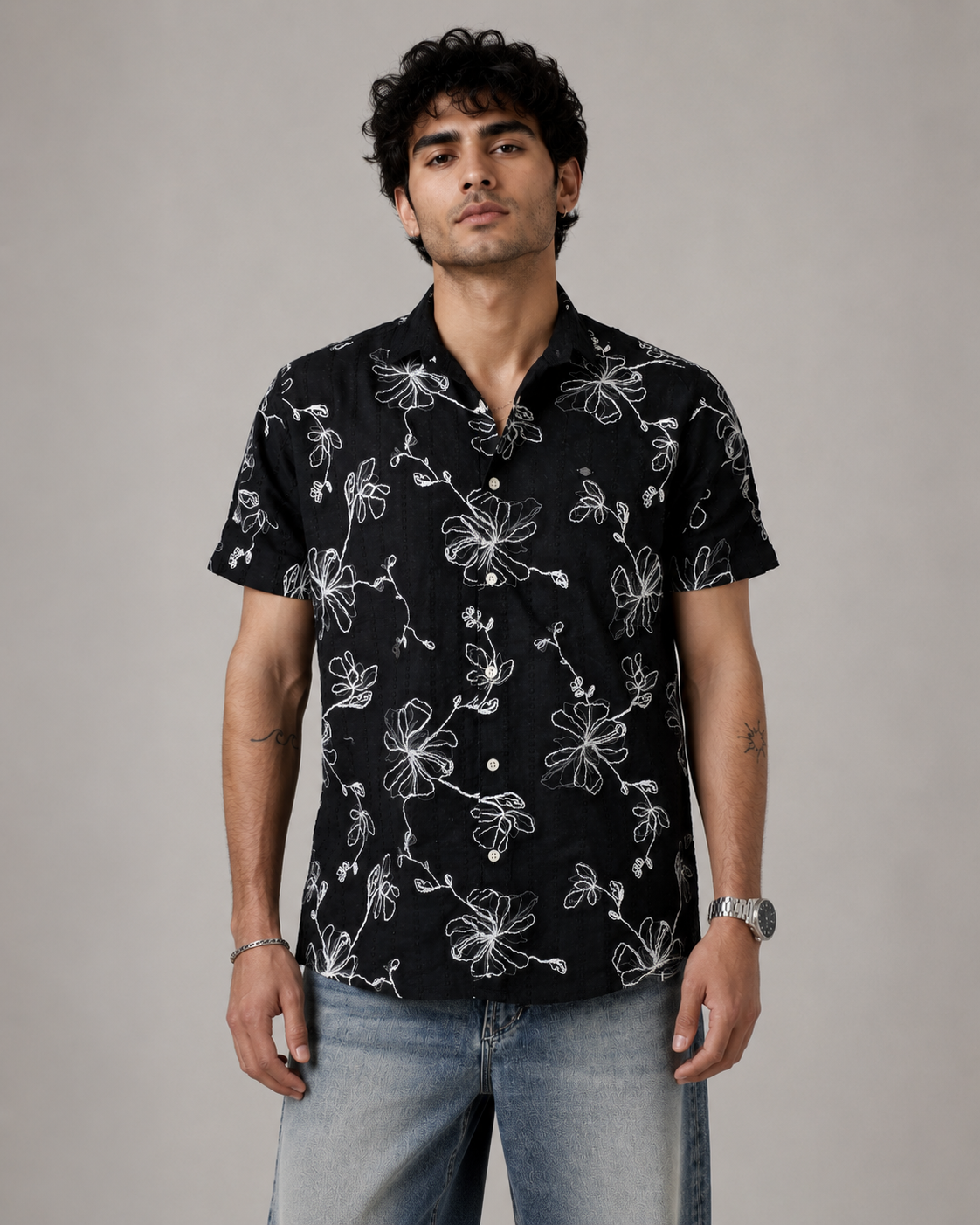 Black Vine Embroidered Cotton Shirt