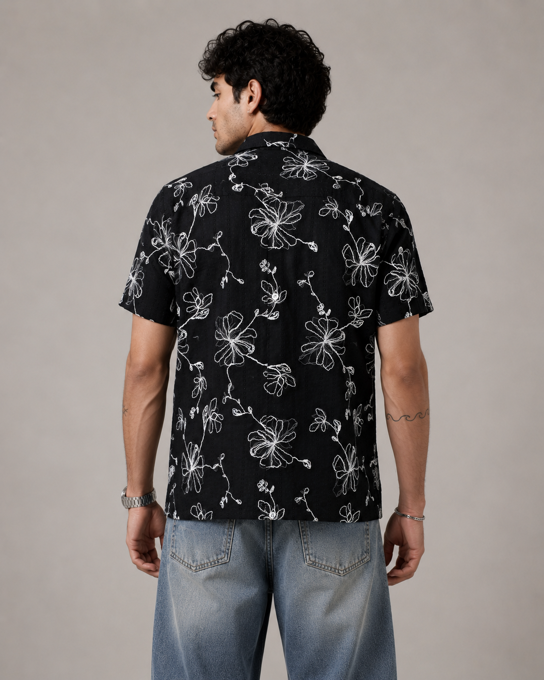 Black Vine Embroidered Cotton Shirt