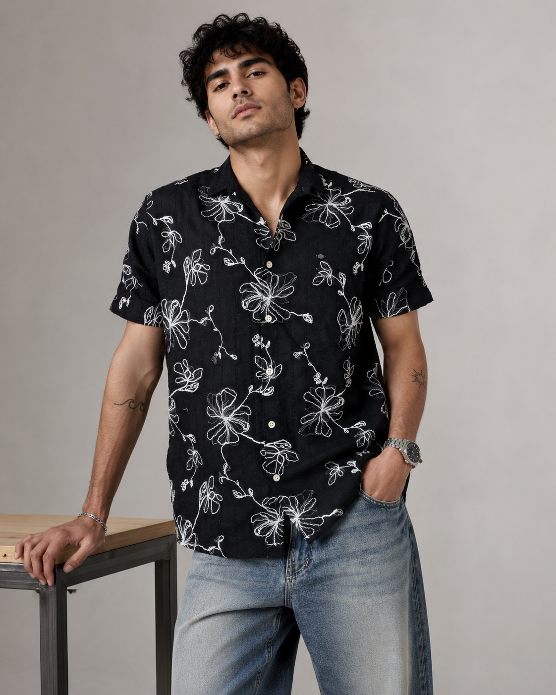 Black Vine Embroidered Cotton Shirt