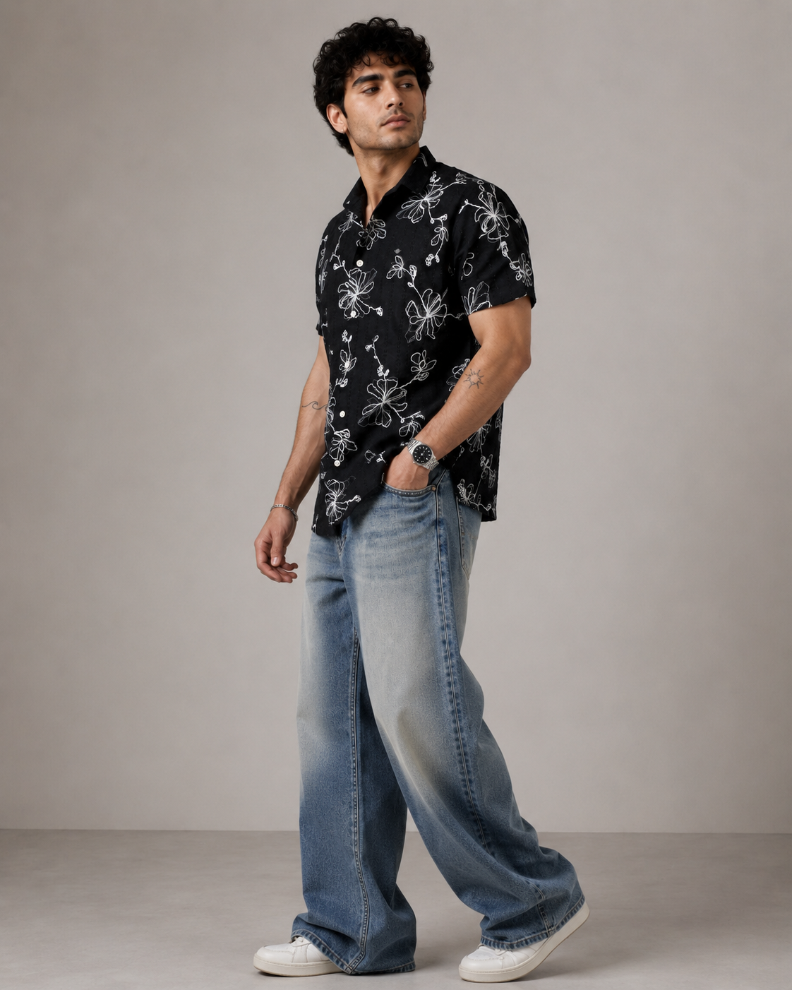 Black Vine Embroidered Cotton Shirt