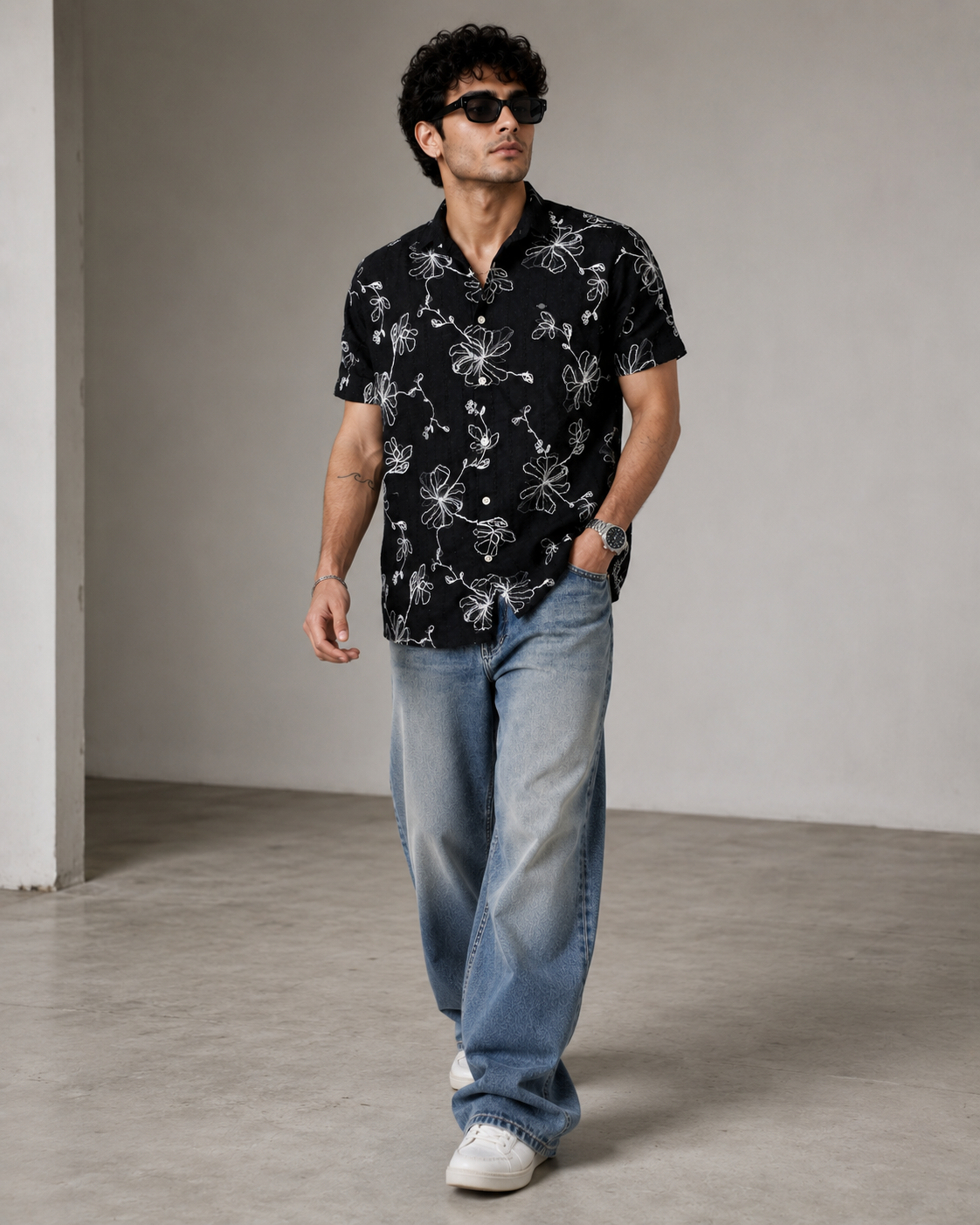Black Vine Embroidered Cotton Shirt