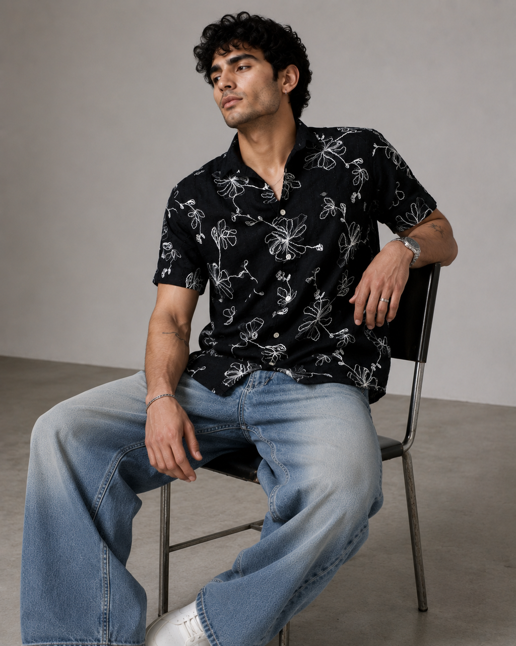 Black Vine Embroidered Cotton Shirt
